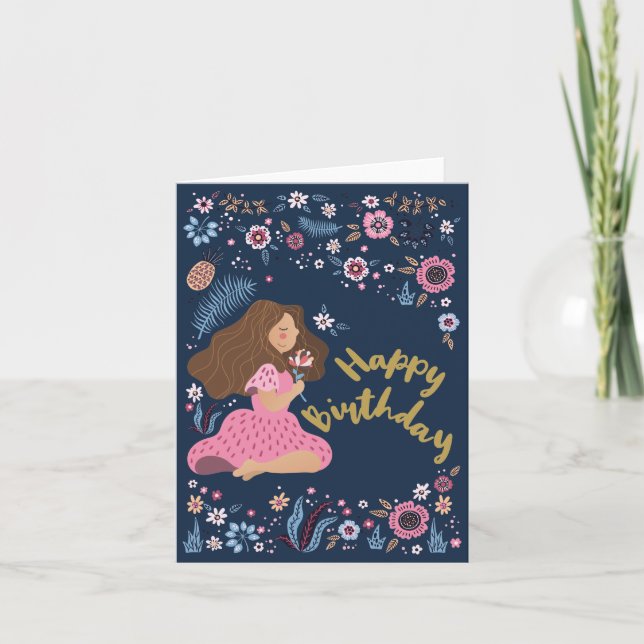 Tarjeta Blue Happy Birthday Lady Floral Flowers (Anverso)