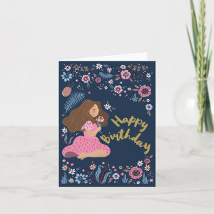 Tarjeta Blue Happy Birthday Lady Floral Flowers