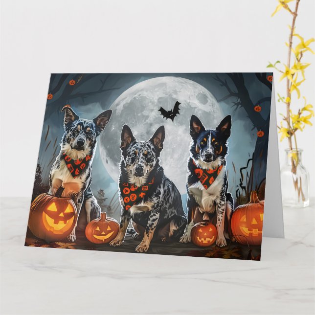 Tarjeta Blue Heeler de Halloween Espeluznante (flor amarilla)
