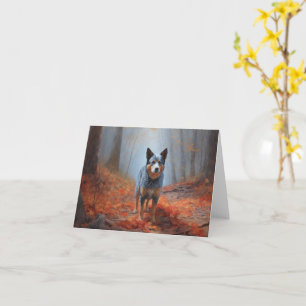 Tarjeta Blue Heeler en hojas de otoño que caen Inspira