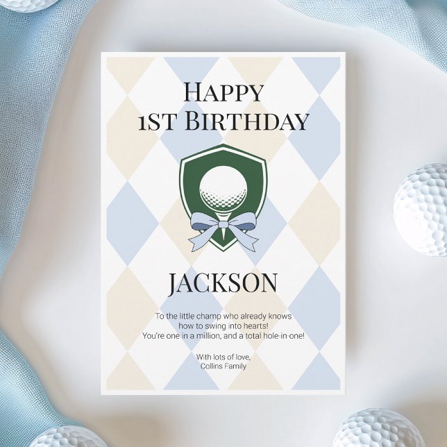Tarjeta Blue Hole in One Boys Golf Feliz 1er Cumpleaños (Blue Hole in One Boys Golf Happy 1st Birthday Card)
