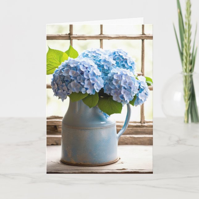 Tarjeta Blue Hydrangea Anniversary Bouquet In Window (Anverso)