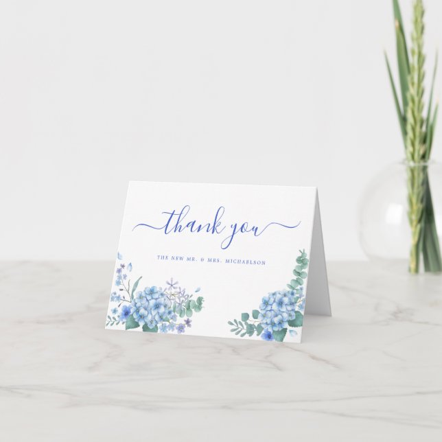 Tarjeta Blue Hydrangea Boda Floral Gracias (Anverso)