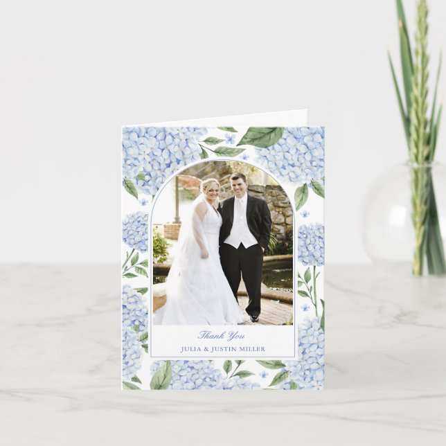 Tarjeta Blue Hydrangea Classic Wedding Photo Thank You (Anverso)