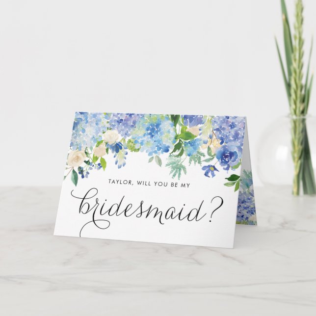 Tarjeta Blue Hydrangeas Floral Serás Mi Novia (Anverso)