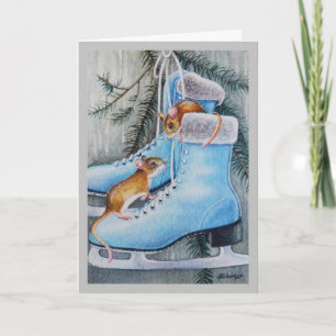 Tarjeta Blue Ice Skates and Mice Holiday Home Watercolor A