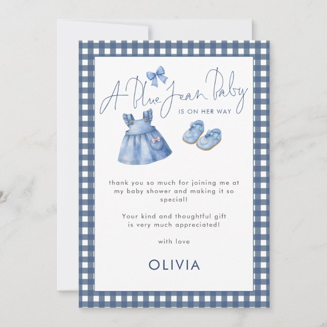 Tarjeta Blue Jean Gingham Thank You Girl Baby Shower  (Anverso)