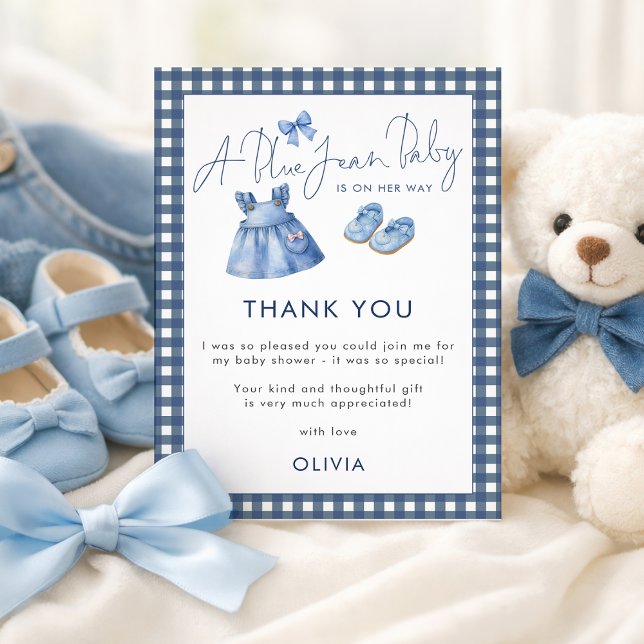 Tarjeta Blue Jean Gingham Thank You Girl Baby Shower  (Subido por el creador)