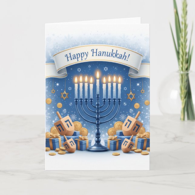Tarjeta Blue Menorah Blessings – Happy Hanukkah Greeting (Anverso)