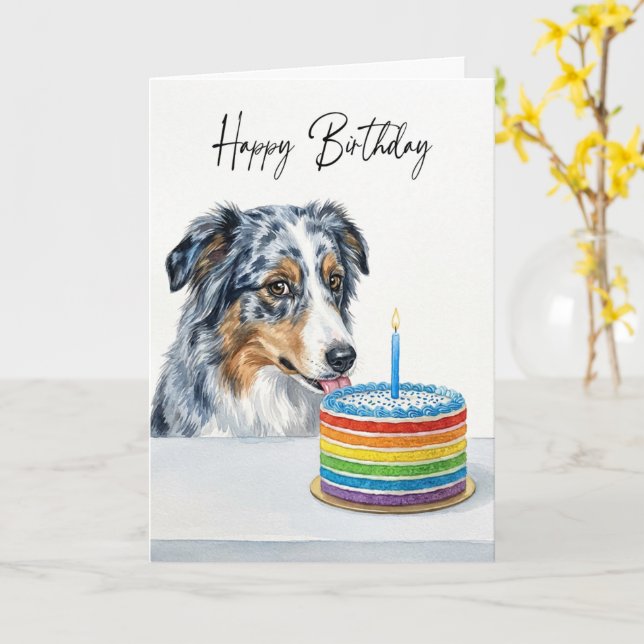 Tarjeta Blue Merle Aussie Birthday Cake Inspector (flor amarilla)