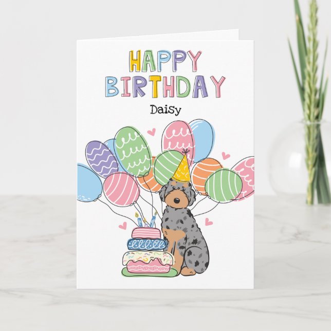Tarjeta Blue Merle Tan Aussiedoodle Perro Feliz Cumpleaños (Anverso)
