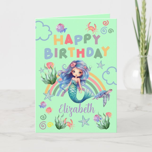 Tarjeta Blue Mermaid Birthday Card in Green (Anverso)