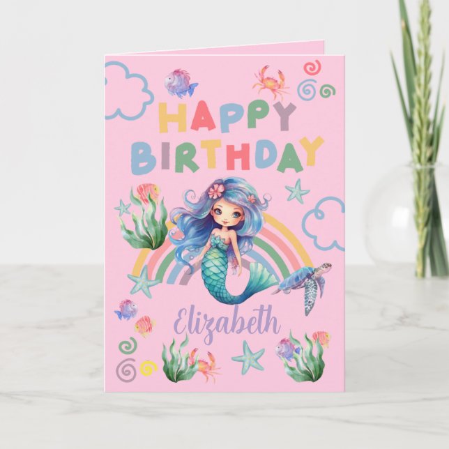 Tarjeta Blue Mermaid Birthday Card in Pink (Anverso)