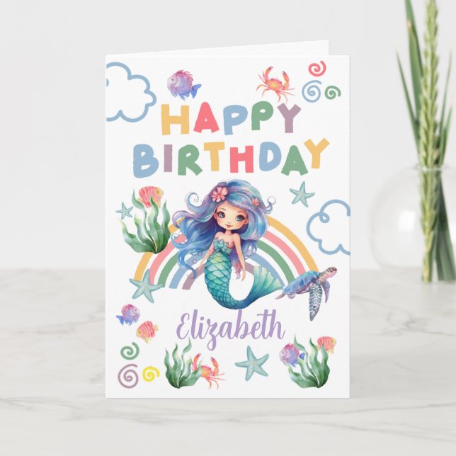 Tarjeta Blue Mermaid Birthday Card in White (Anverso)