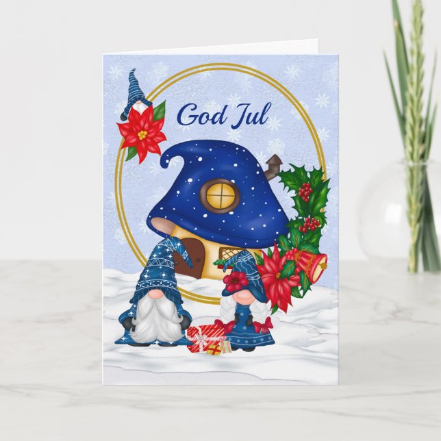 Tarjeta Blue Mr. y Mrs. Gnome God Jul (Anverso)
