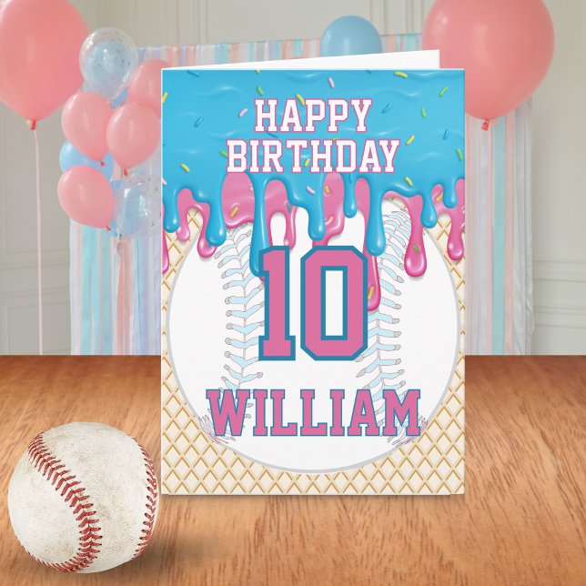 Tarjeta Blue Pink Baseball Drip Any Age Birthday (Pink Blue Baseball Drip Birthday Greeting Card
)