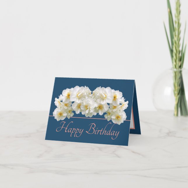Tarjeta Blue Pink White Daffodil Bouquet Feliz cumpleaños (Anverso)
