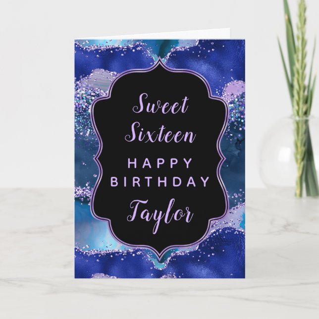 Tarjeta Blue Purple Ocean Agate Sweet 16 Feliz cumpleaños (Anverso)