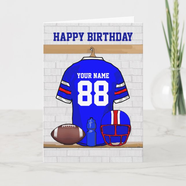 Tarjeta Blue Red White Football Jersey Feliz cumpleaños (Anverso)
