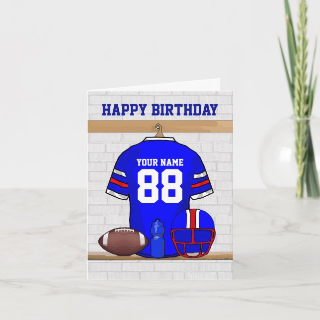 Tarjeta Blue Red White Football Jersey Feliz cumpleaños (Anverso)