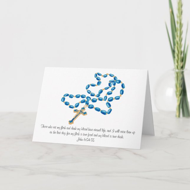 Tarjeta Blue Rosary First Holy Communion Card-John 6:54,55 (Anverso)