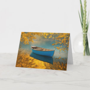 Tarjeta Blue Rowboat En El Cumpleaños Del Lago Otoño
