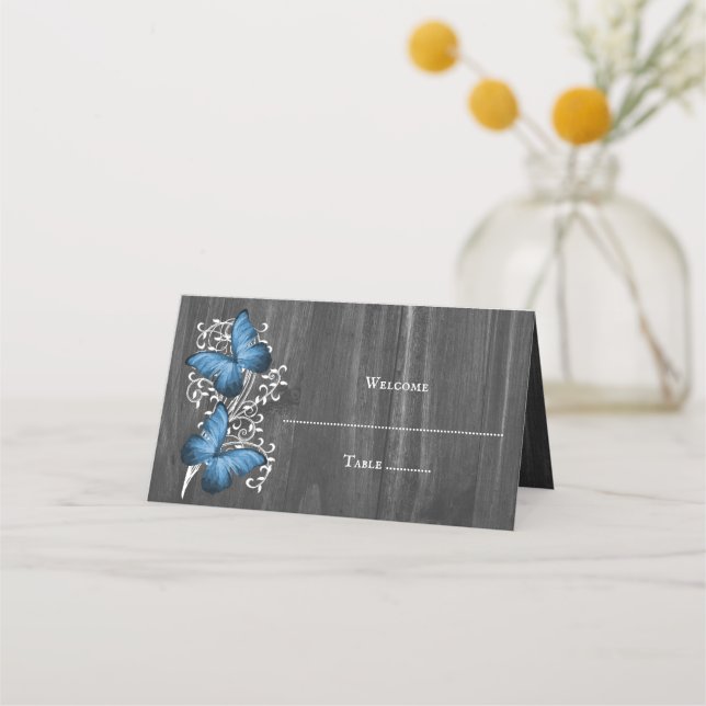 Tarjeta Blue Rustic Butterfly Reception Place (Anverso)