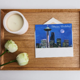Tarjeta Blue Seattle Skyline Happy Birday