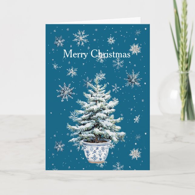 Tarjeta Blue Silver Snowflakes Christmas Tree (Anverso)