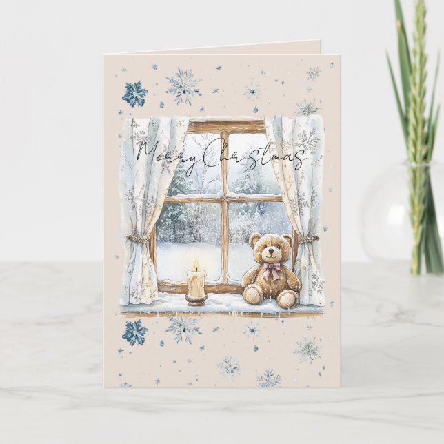 Tarjeta Blue Silver Snowflakes Window Teddy Bear Christmas (Anverso)