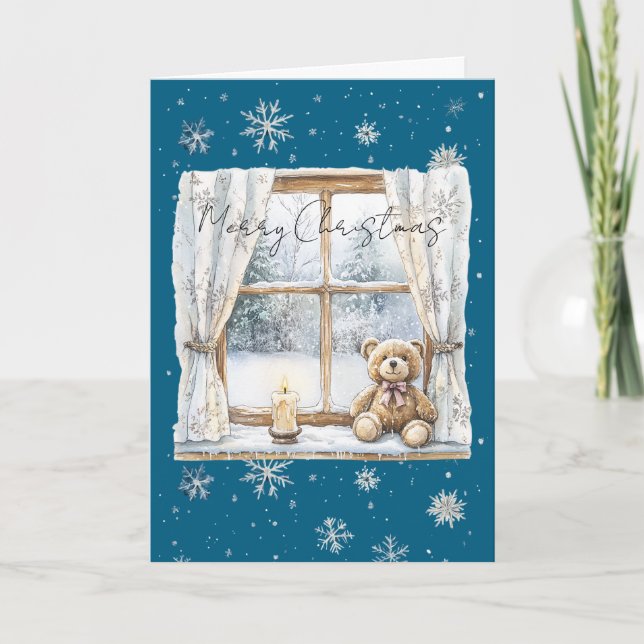 Tarjeta Blue Silver Snowflakes Window Teddy Bear Christmas (Anverso)