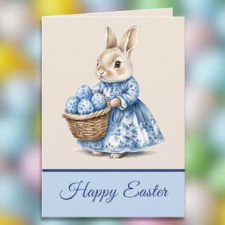 Tarjeta Blue Toile Mother Rabbit n Basket of Easter Eggs  