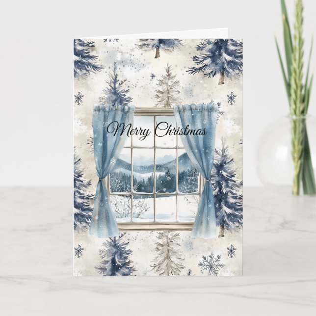 Tarjeta Blue Trees Snowflakes Christmas Window (Anverso)