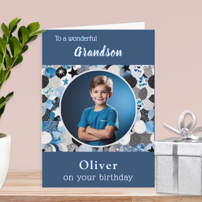 Tarjeta Blue Trendy Modern 1 Fotornieto Cumpleaños (A birthday card for your grandson, to personalize with a photo and name)