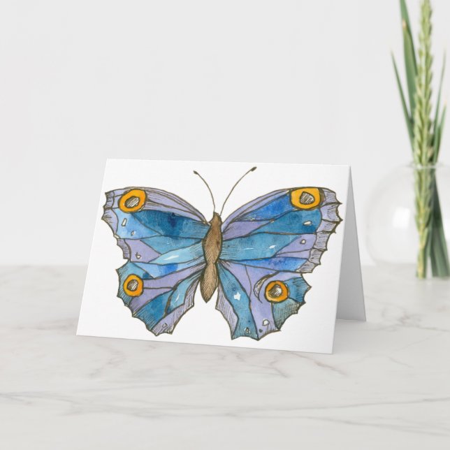 Tarjeta Blue Watercolor Butterfly Feliz cumpleaños (Anverso)