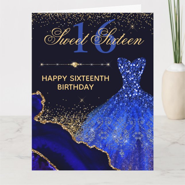 Tarjeta Blue Watercolor Vestido y agate Dulce 16 Cumpleaño (Anverso)