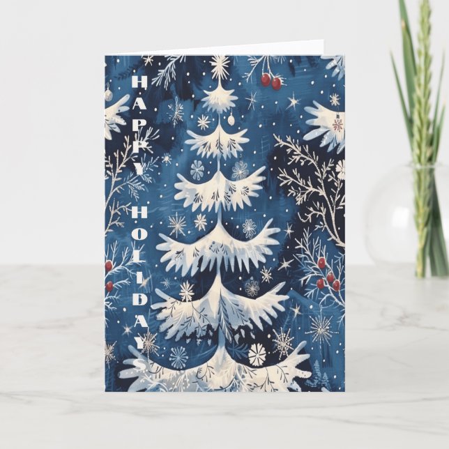 Tarjeta Blue White Christmas Tree Holiday Card (Anverso)