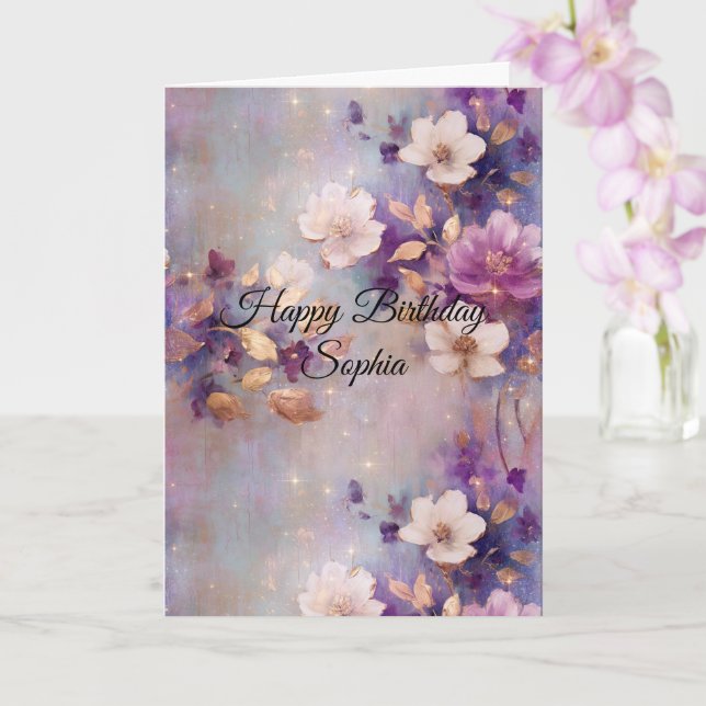 Tarjeta Blue White Gold Purple Floral Birthday (Orquídea)