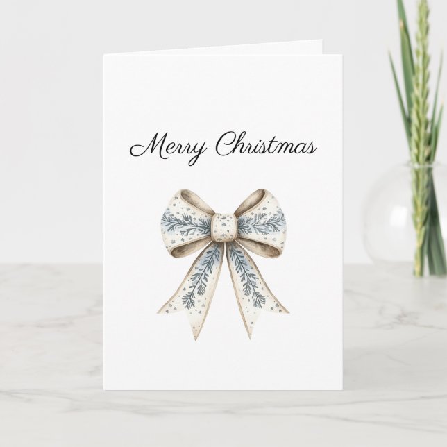 Tarjeta Blue White Nordic Cream Bow Christmas (Anverso)