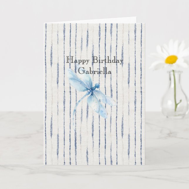 Tarjeta Blue White Stripes Dragonfly Believe (Planta pequeña)