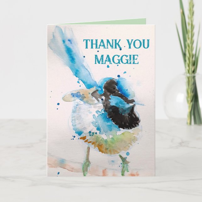 Tarjeta Blue Wren Watercolor Gracias Budgie Aqua (Anverso)
