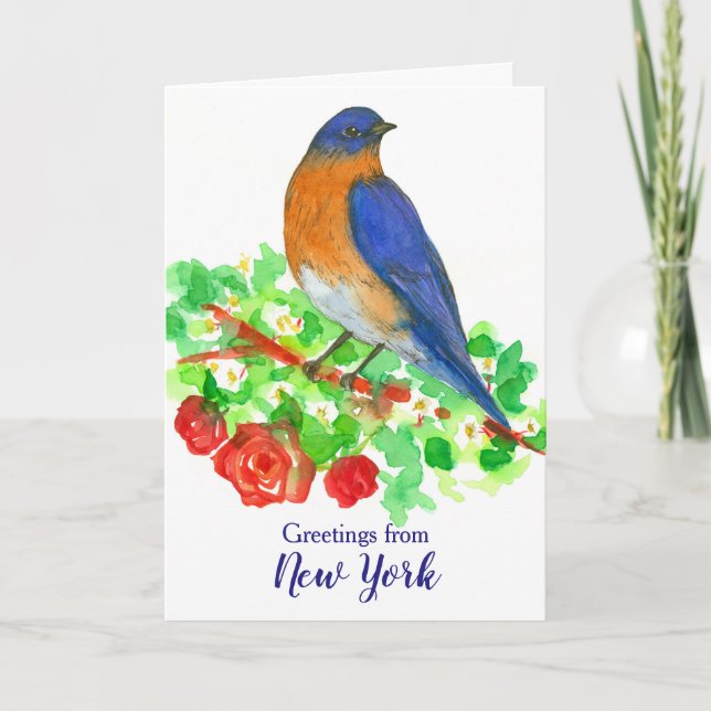 Tarjeta Bluebird Red Roses Saludos Desde Nueva York (Anverso)