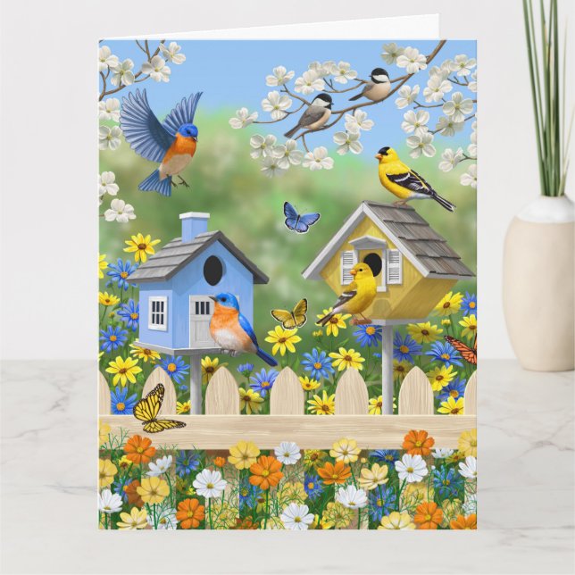 Tarjeta Bluebirds Goldfinches Birdhouses Flower Garden (Anverso)