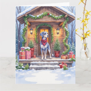 Tarjeta Bluetick Coonhound Cabaña Porche Navidad Acuarela