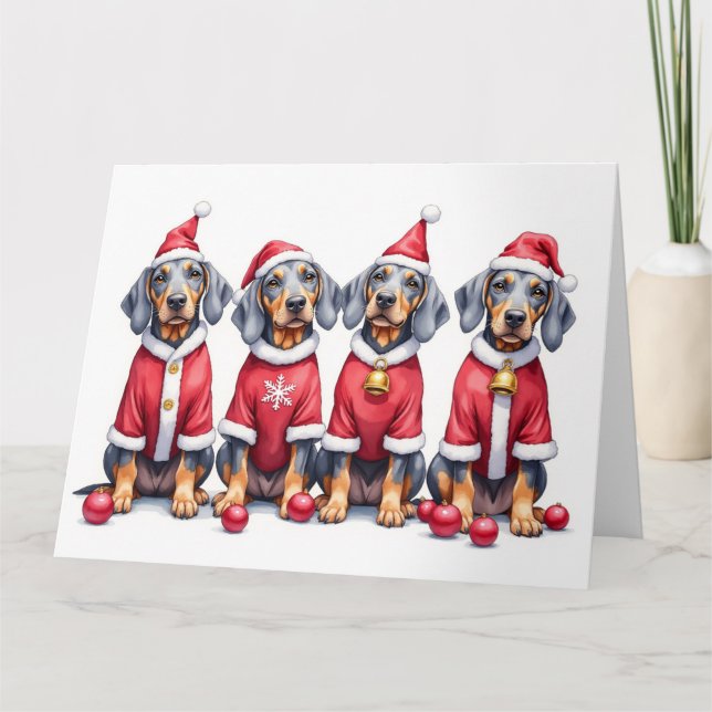 Tarjeta Bluetick Coonhound Christmas Dress Santa Hat (Anverso)
