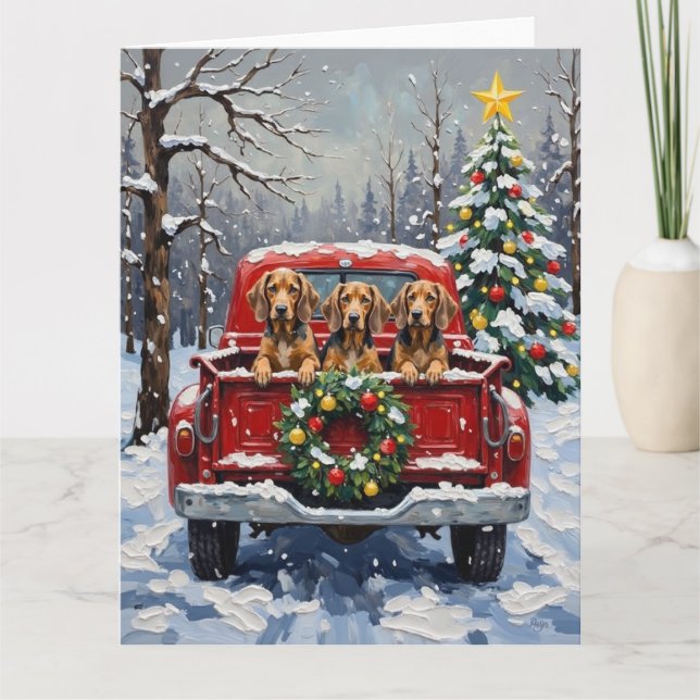 Tarjeta Bluetick Coonhound Christmas Red Truck Holiday (Anverso)
