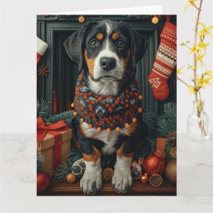 Tarjeta Bluetick Coonhound con chimenea de regalos de Navi
