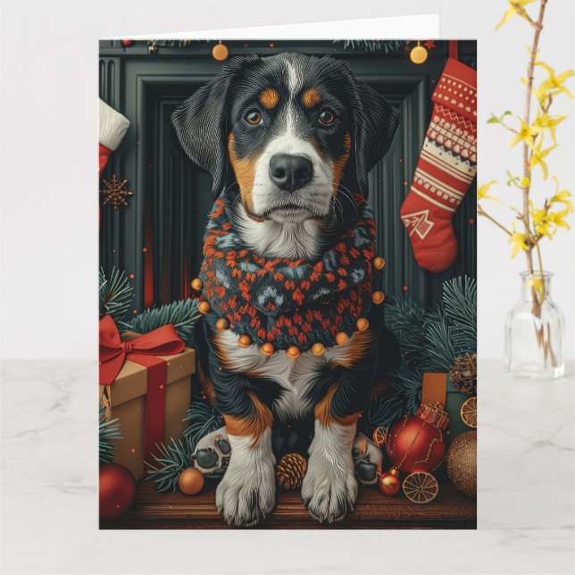 Tarjeta Bluetick Coonhound con chimenea de regalos de Navi (flor amarilla)
