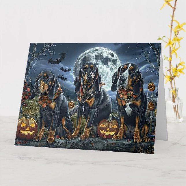 Tarjeta Bluetick Coonhound Halloween Spooky (flor amarilla)