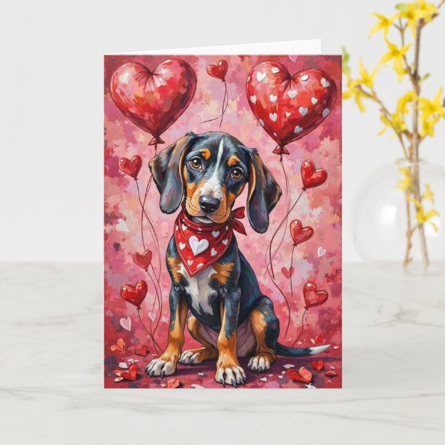 Tarjeta Bluetick Coonhound Valentine Dog Sitting (flor amarilla)